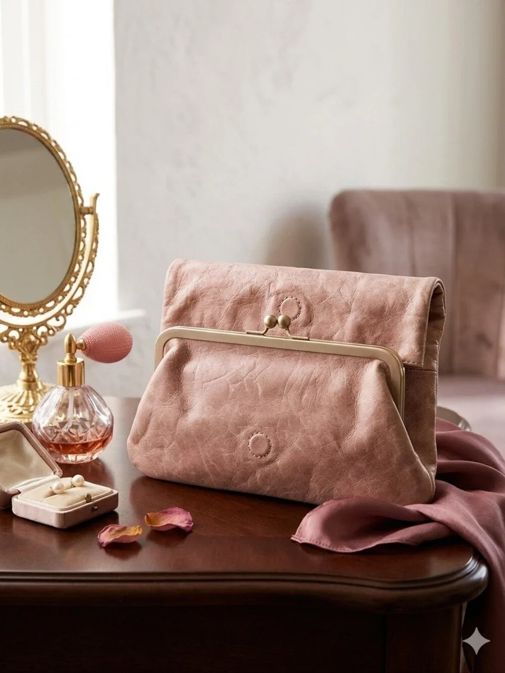 Marciano Angelique Foldover Blush Pink‎ / Dusty Rose Hand Clutch